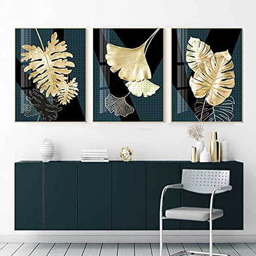 Affiche en toile feuille de ginkgo dorée 40x60 cm lot de 3 pour salon nordique