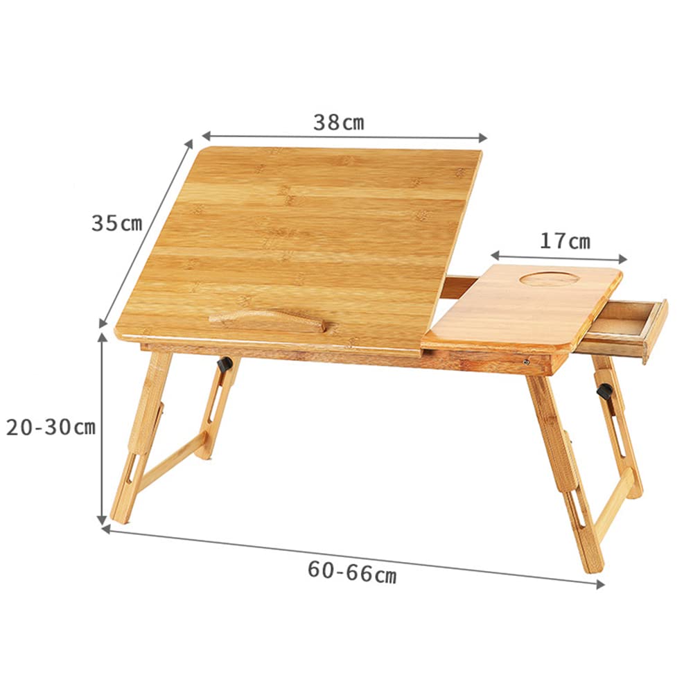 Supfine Table de Lit Pliante en Bambou, Plateau Réglable pour Ordinateur Portable, Plateau de Lit pour Petit Déjeuner avec Tiroir, Trous de Refroidissement (Boisée)