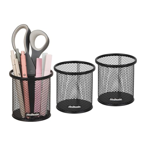 Mind Reader Pen and Accessories Holder, Desktop Organizer, Office, Metal Mesh, 3.5"L x 3.5"W x 3.75"H, Set of 3, Black