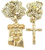 Gold Tone Micro Cross, Jesus Face Pendant 24