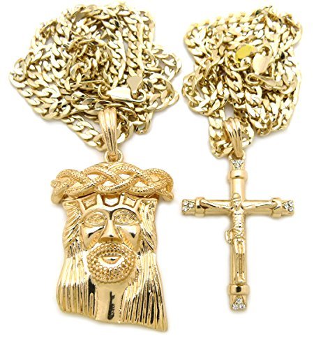 Gold Tone Micro Cross, Jesus Face Pendant 24