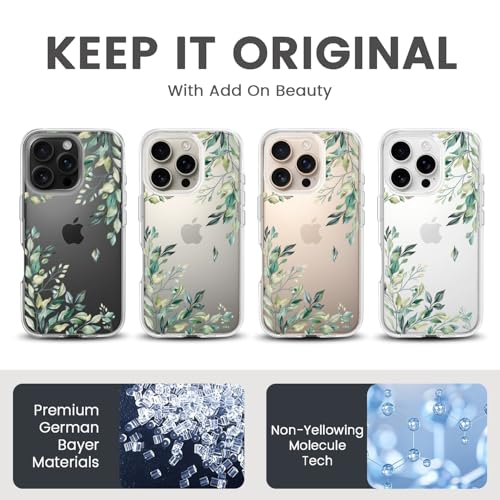 KEXAAR Compatible with iPhone 16 Pro Case with Flowers, for Girly Women, Shockproof Clear Floral Pattern Green Leaves Cute Design Slim Anti-Yellowing Hard Back Protective Cover 6.3 inch(Leaves16pro) by KEXAAR - Image 2