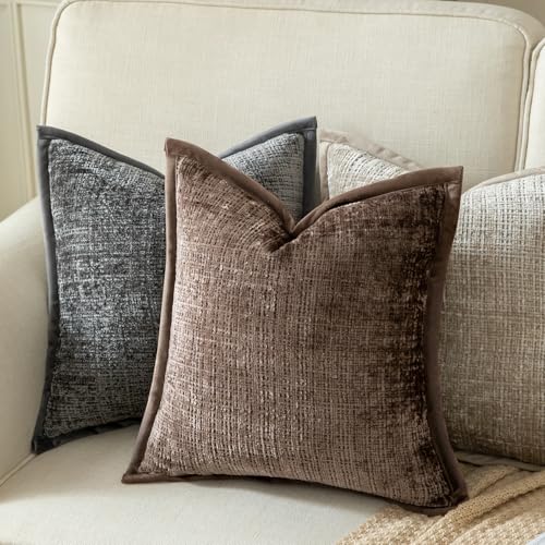 YAERTUN Pack of 2 Chenille Textured Decorative Throw Pillow Covers Accent Solid Cushion Cover Soft Cozy Pillow Case with Velvet Back for Couch Sofa Bed Living Room 18x18 Inch Coffee by YAERTUN - Image 5