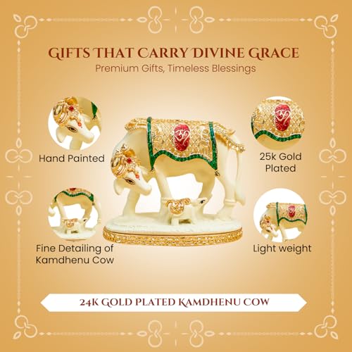 Image of Ekhasa 24K Gold Plated Kamdhenu Cow with Calf Idol Gift Box | Handpainted Gomatha Statue for Pooja Room Home Decor | Vastu Feng Shui Religious Housewarming Griha Pravesh Diwali Gift