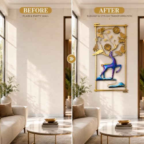 Image of SHREE 'O' GREEN TECH - Metal Handcrafted Deer Frame Big Wall Decor Wall Hanging Multicolor Wall Arts for Home Hotel Office Living Room Bedroom (Size 22x42 Inch)