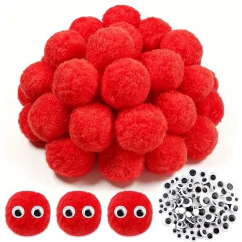 TOAOB 50pcs Large Pom Poms 2 Inch Red Craft Pom Poms Fuzzy Pompoms Balls with Googly Wiggle Eyes for DIY Crafts Projects Home Decorations