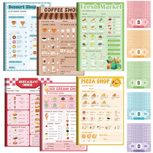 6 Pack Kids Pretend Play Notepad Play Money Set 4x6 In Pretend Notebook Playtime Pad 40 Pages of Coffee Dessert Pizza Ice Cream Shop Restaurant Market for Imaginative Role-Playing Activity Accessories