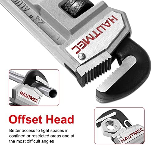 HAUTMEC Heavy-Duty Straight Pipe Wrench, 600mm (24 Inch) Non-Slip and Rust-Proof Plumbing Wrench, Heat-Treated Floating Hook Jaw and Light-Weight Cast Aluminum Wide I-Beam Handle HT0187-PW