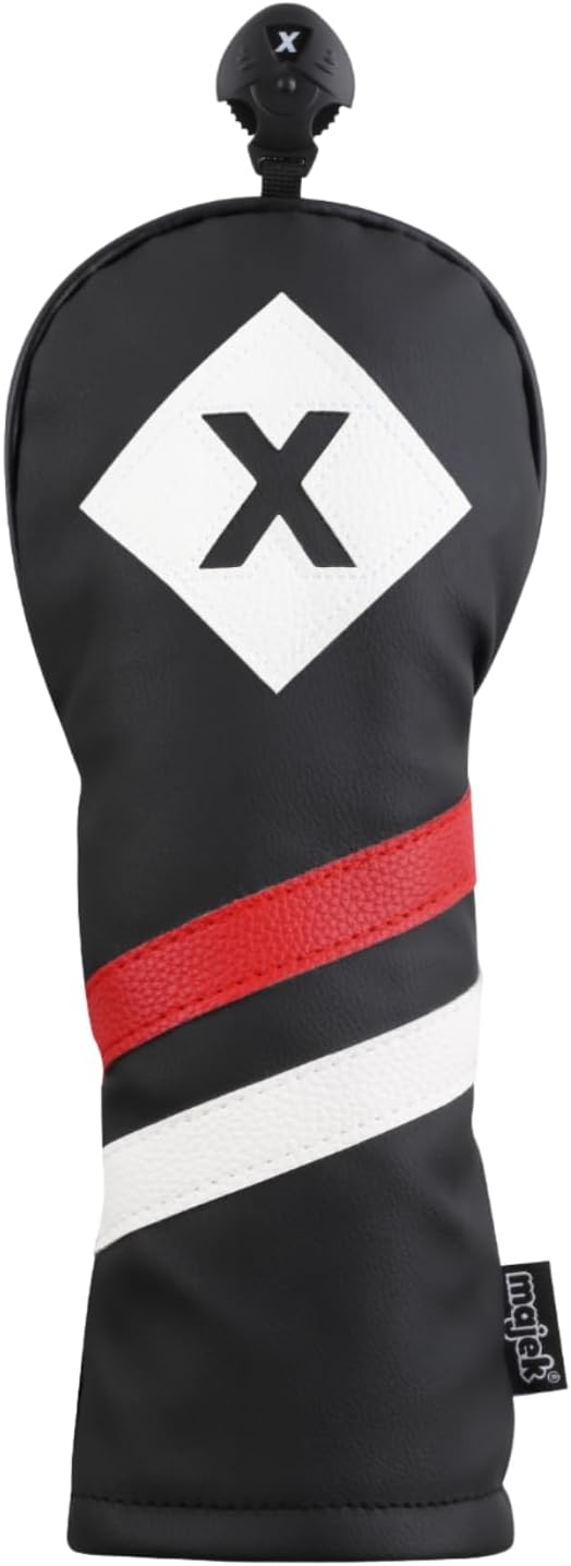Majek Retro Golf Headcover Black Red and White Vintage Leather Style X Fairway Wood Head Cover Classic Look, Wheel Tag Includes Numbers 3 Through 7 Plus X