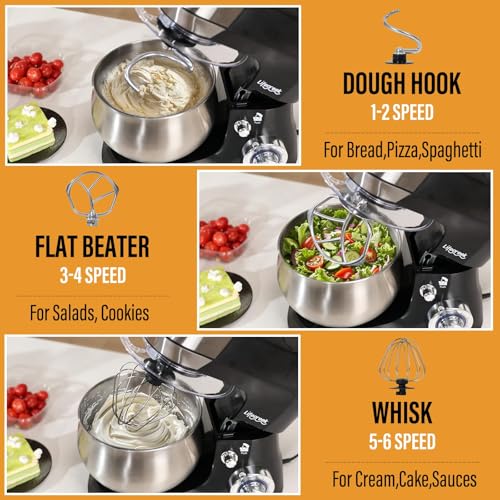 Lifecreek 6-in-1 Multifunctional Stand Mixer, 5.3Qt 660W, 6-Speed Tilt-head, Electric Kitchen Mixer with Stainless Steel Bowl,Meat Grinder, Juice Blender (Black)