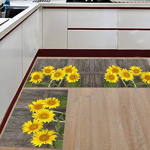 LOVE HOME DAY Area Rug Set 2 Piece Non-Slip Doormat Kitchen Mats, Summer Yellow Sunflowers Blossoms Indoor Water Absorbent Runner Rugs for Kitchen Floors Vintage Wood Grain Board Cover