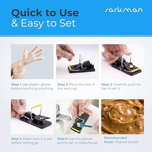 sarkman Mouse Traps For Indoors Outdoors, Rodent Traps That Kill Instantly, Reusable Snap Traps, High Sensitive Mice Catcher, 10 Mouse Trap comes with 5 Cleaning Brushes, 20 Pair Glove & 1 Copper Mesh