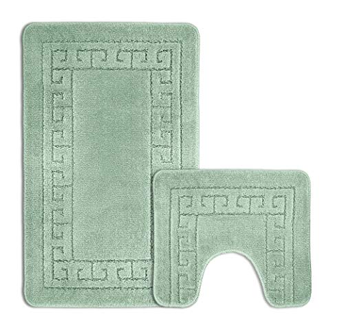 Velosso Non Slip Striped 2 Piece Bath Mat & Pedestal Mat Greek Key Plain Colours (Sage)