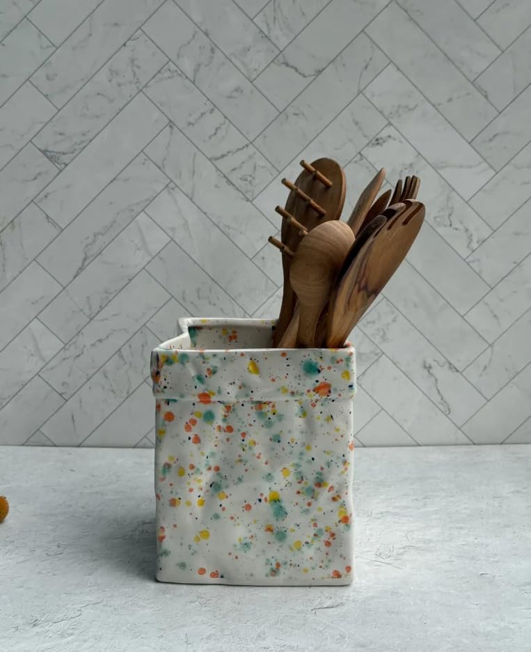 Ceramic Utensil Holder and Planter - Market Paper Bag Shaped Earthenware Crock for Kitchen Cooking Tools - Unique Flower Pot Decor