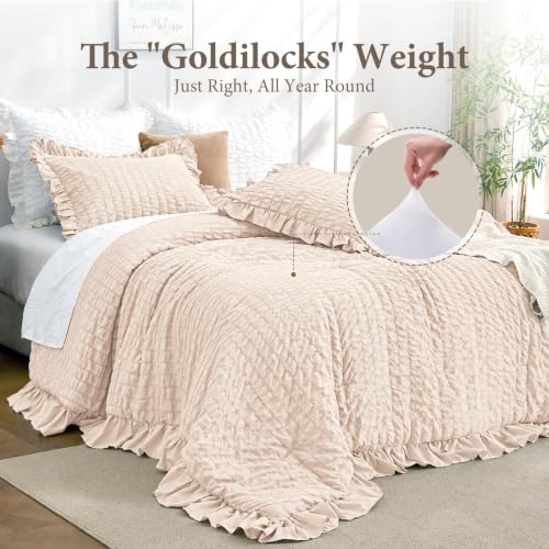 Image of JOLLYVOGUE Beige Queen Comforter Set, 3 Pieces Seersucker Comforters Queen Size, Lightweight & Fluffy Bedding Sets Queen for All Season with 1 Ruffle Comforter and 2 Ruffle Pillowshams