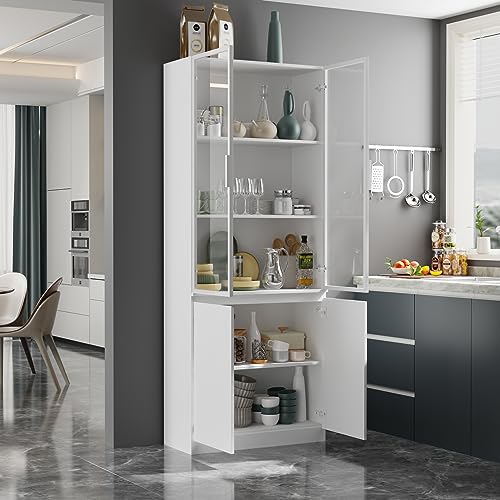 AIEGLE 31.5\" Kitchen Pantry Cabinet, Tall Kitchen Storage Cabinet Cupboard with Glass Doors & 5 Tiers Shelf, Utility Freestanding Floor Pantry Hutch Cabinet Set, White (31.5\" W x 13.8\" D x 78.7\" H) - Thumbnail 2