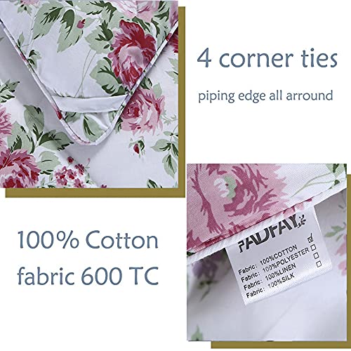 Fadfay Rose Floral Comforter Set Queen Shabby Floral Summer Quilt 100% Cotton Fabric & Soft Microfiber Inner Fill Bedding Lightweight Reversible All Season Down Alternative Duvet Insert 3Pcs, Queen #TOP4