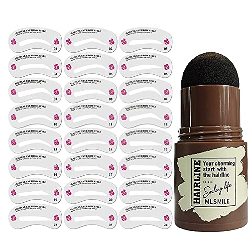 Forno (1Pcs) Eyebrow Stamp Shaping Kit Brow Definer Powder Stamp Makeup with 24 Reusable Stencils, Eyebrow Pen Brush and Eyebrow Trimmer Long Lasting Buildable Makeup Tools (BROWN),25 Piece Set