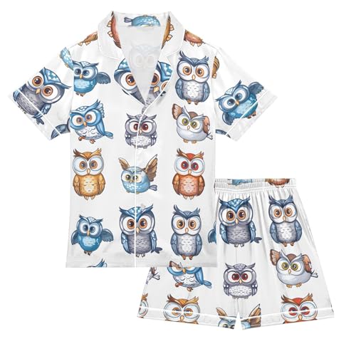 ALAZA Cute Owl Owlet White Satin Pajamas Set Short Sleeve Button Down Sleepwear Summer Pjs 2 Piece