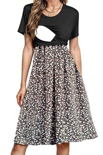 Image of PARNIXS Women's Nursing Dress Summer Short Sleeve Patchwork Pregnancy Clothes with Pockets