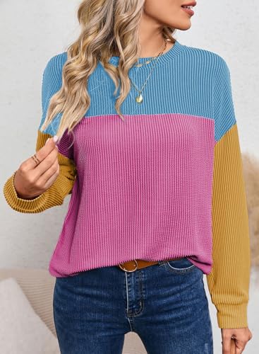 Image of Dokotoo Womens Tops Fashion 2026 Color Block Long Sleeve Shirts for Women Crewneck Knitted Casual Loose Blouses
