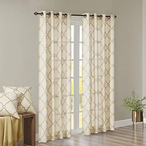 Madison Park Saratoga Single Window Curtain Light Filtering Fretwork Print 1 Panel Grommet Top Drape For Living Room Bedroom And Dorm, 50X63, Beige/Gold #TOP1