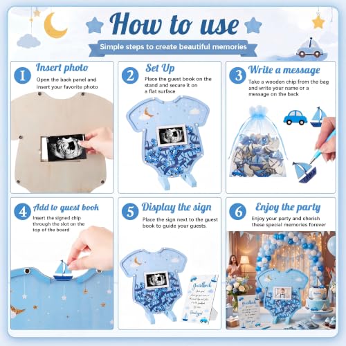Image of Kosiz Blue Baby Shower Guest Book, Acrylic Guest Book Alternative with Wooden Cars and Boats for 60 Guests, Baby Shower Sign and Nursery Keepsake