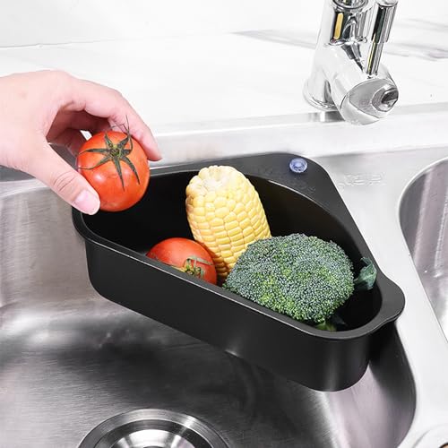 WYFCR Estante para filtro de lavabo, estante de almacenamiento triangular, organizador de fregadero, acero inoxidable, cesta de colador, cubo de basura de cocina (negro)