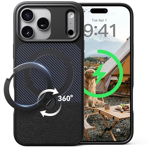 【機能美を纏う&無言の名刺】CASEKOO iPhone 17 Pro 用 ケース 360°回転スタンド搭載 MagSafe対応 360°全方位米軍MIL規格 耐衝撃 縦横両対応 高耐久 指紋防止 滑り止め ワイヤレス急速充電対応いphone17pro 用 ケース 6.3インチ「MagicStand Pro」(テクスチャブラック)