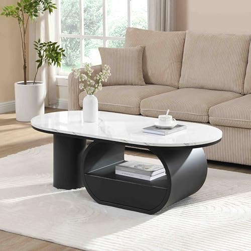 Image of Faux Marble Nesting Coffee Table Set of 2 | Coffee Table Set with End Table,Oval Living Room Table with Gold Metal Base,Marble Grain Top & 1 Drawer,Stack Tea Table Set