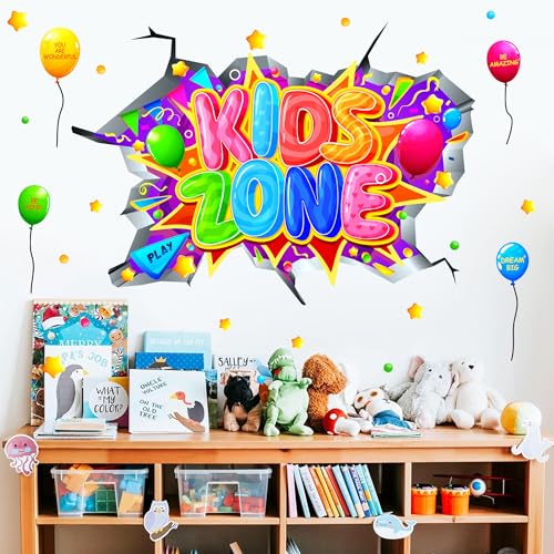 Kids Playroom Wall Decals Colorful Kids Zone Signs 3D Broken Wall Stickers