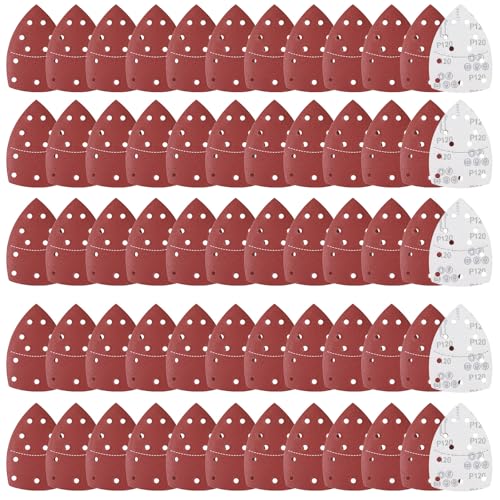 Sruhrak 60 pezzi di fogli abrasivi 152x105mm Triangolari Carta Vetrata con 11 fori grana 120 Carta Abrasiva Levigatrice Mouse per legno, metallo e plastica