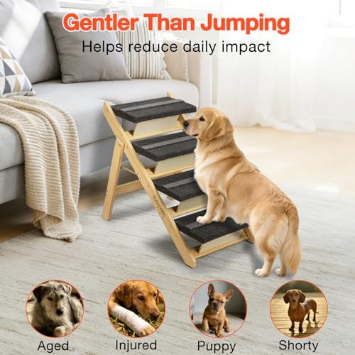 Sweetbin Wooden Dog Stairs& Dog Steps, 2-in-1 Foldable Dog Steps for High Beds, Couch and Cars, Anti-Slip Pet Ramp with 4 Steps Indoor Pet Stairs for Small Medium Large Older Pet Cats up to 150lbs by SweetBin - Image 2