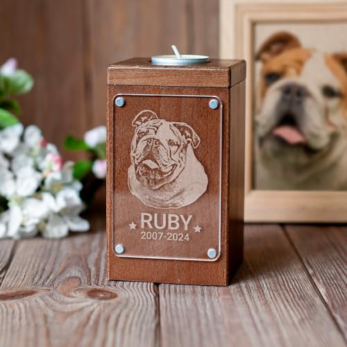 Image of Personalized Pet Memorial - Dog Memory Box Keepsake with Photo, Cat Cremation Urn for Ashes Candle (Small, Portrait Engraving)