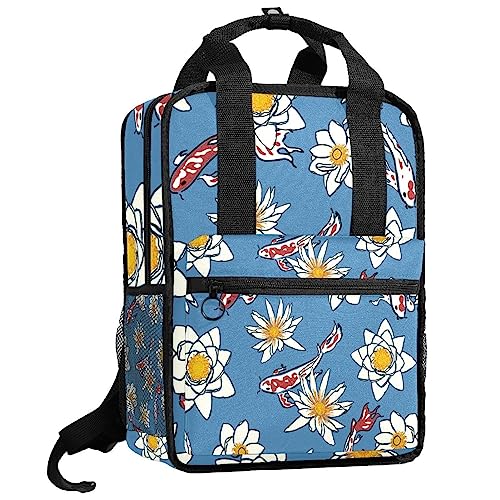 Sac à dos garçon motif fleur de lotus et poissons rouges fond bleu multicolore