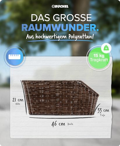 Büchel Fahrradkorb hinten aus hochwertigem Polyrattan I Fahrrad Korb für hinten inkl. Befestigungsmaterial. Fahrradkorb hinten groß I Fahrradkorb Kinder hinten I Schultaschen Korb, braun, Einheitsgröße