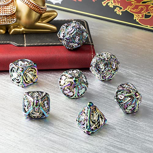 DNDND-Hollow-Metal-Dice-Set-7-PCS-Red-Hollow-Dice-with-Grogeous-Gift-Case-for-DND-Dungeons-and-Dragon-Tabletop-Game-Rainbow-with-White-Number
