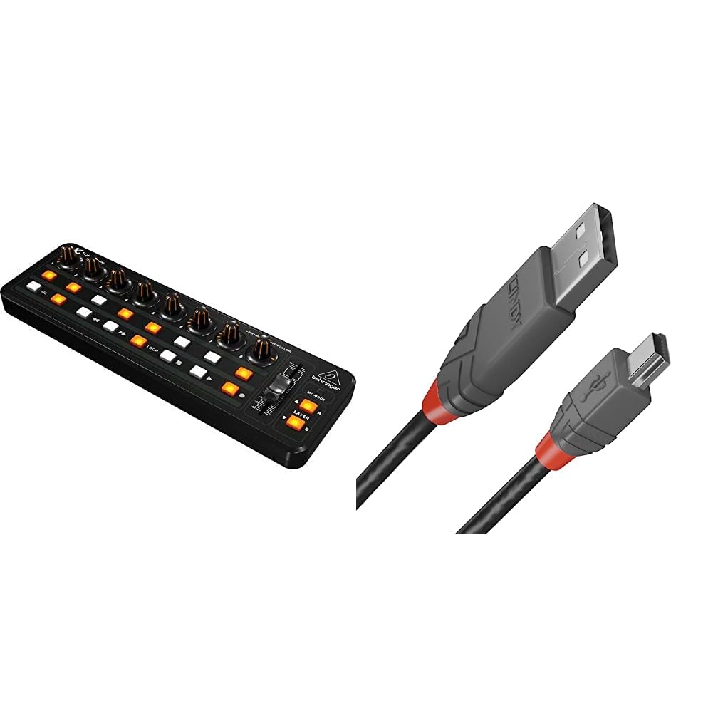 Behringer X-TOUCH MINI Ultrakompakter universeller USB-Controller & LINDY 36722 1m USB 2.0 Typ A an Mini-B Kabel, Anthra Line Anthrazit