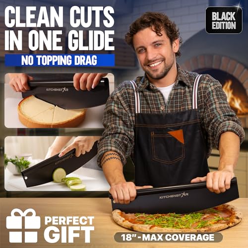 Image of 18aa‚¬A Black Non-Stick Pizza Cutter by KitchenStar | Sharp Stainless Steel Slicer Knife - Rocker Style w Blade Cover | Chop and Slices Perfect Portions + Dishwasher Safe aa‚¬a€oe Premium Pizza Oven Accessories