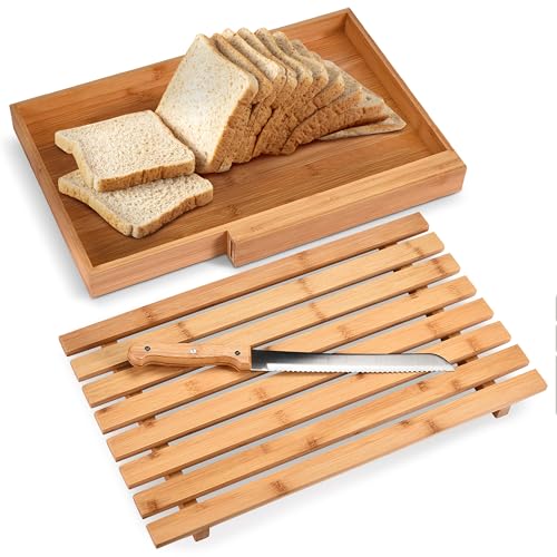 Large Bamboo Bread Cutting Board with Crumb Catcher - Wooden Bread Slicer Tray - Crumble Holder for Homemade Bread - Wood Trays for Cut Loaf Cake and Bagel - Bread Cutting Board Set for Kitchen