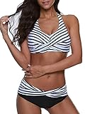 ReachMe Womens High Waisted Bikini Sets Halter Neck Push Up Two Piece Swimsuit Twist Front Bathing...