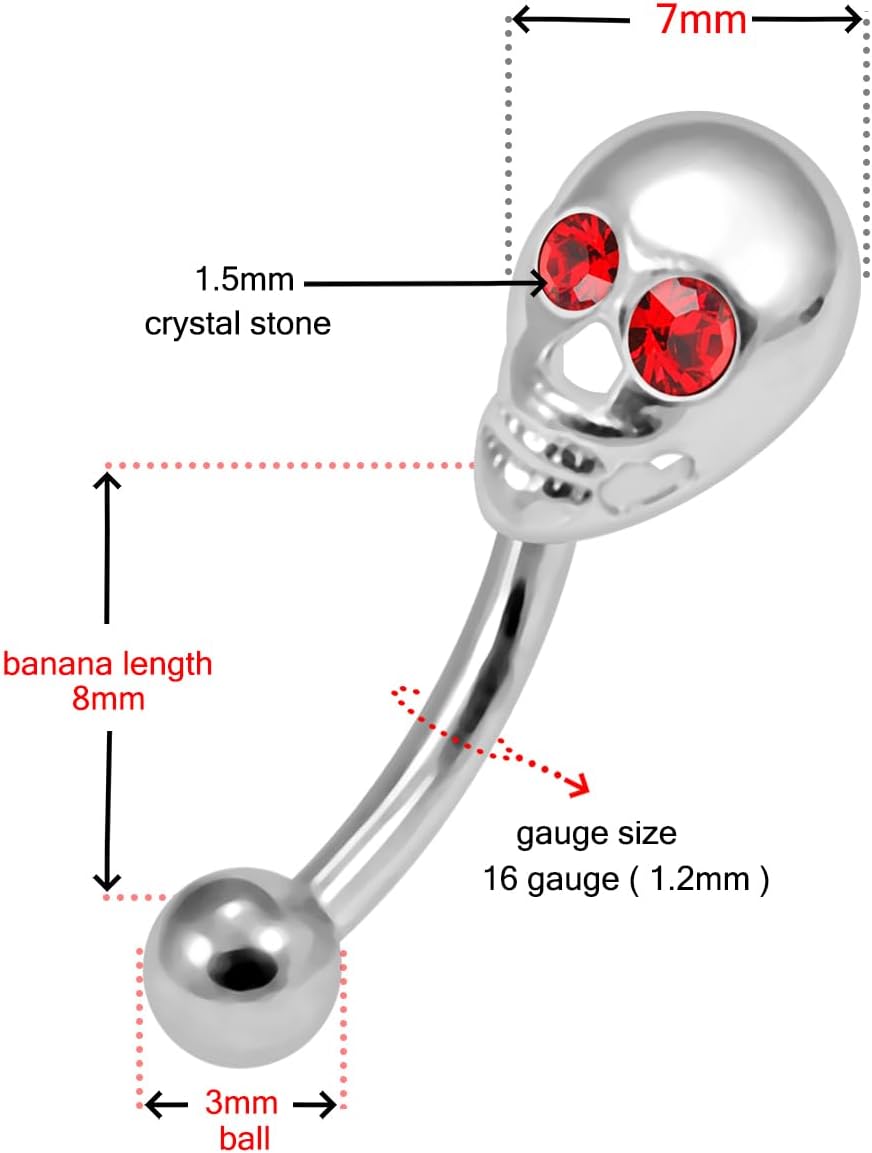 Crystal Stone Skull 925 Sterling Silver with Stainless Steel Eyebrow Ring - Tragus Piercing Jewelry - Helix Jewelry - Silver Eyebrow Piercing Jewelry