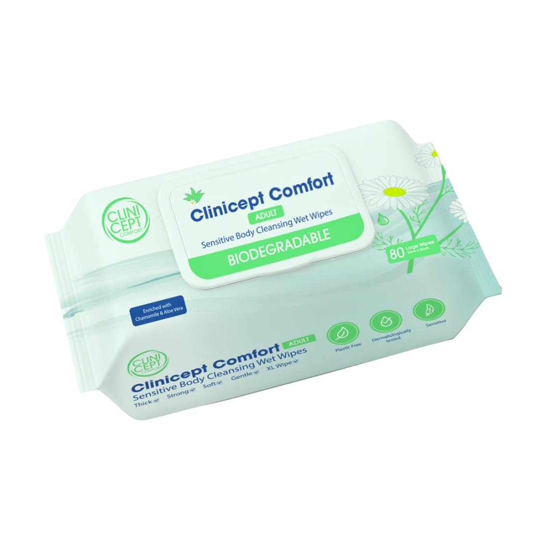 Clinicept Comfort Biodegradable Sensitive Premium Full Body Adult Cleansing Wet Wipes Large Refreshing Rinse Free Fragrance-Free Bed Bath Intimate Care Soft Sheets. Used by NHS - 80 Wipes