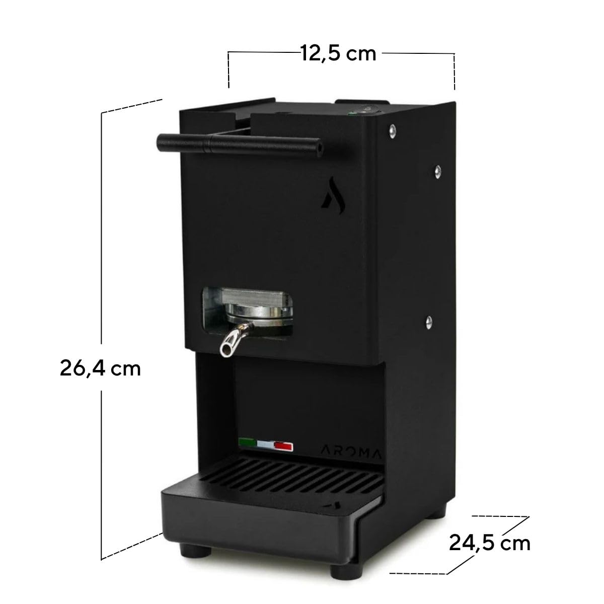 Aroma E.GO Macchina da Caffè a Cialde ESE 44 mm Nero, Salvaspazio | Serbatoio in Vetro, Porta Filtro Estraibile, Basso Consumo 380W, Made in Italy per Casa, Ufficio e Camper
