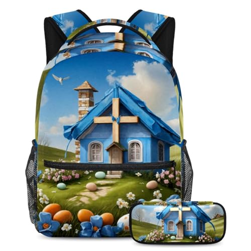 Sac à dos 2 pièces avec trousse maison de Pâques bleue multicolore pour ados