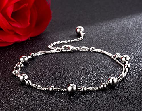 Meilanduo 925 Sterling Silver Two Layer Box Chain Bead Link Bracelet, Dual Purpose Of Anklet And Bracelet - Up To 11" Inch - For Women Girls Teens #TOP2