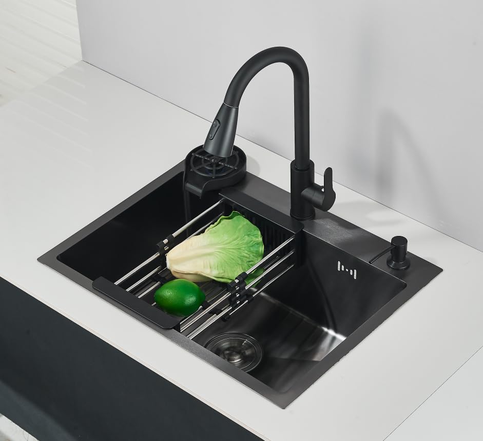 Llffssdg Fregadero Inteligente de Cocina 60x45 cm - 1 Seno en Acero Inoxidable Negro, Grifo Extraíble 360°, Escurridor Deslizante, Dispensador de Jabón y Kit Completo de Instalación