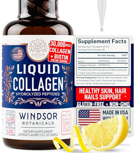 Concentrated Liquid Collagen Peptides Supplement - Hair, Skin, Nail, Joints Support - Sublingual Drops by Windsor Botanicals - 10,000mcg Collagen, 5,000mcg Biotin - Lemon Flavor - 2-Month - 2 oz