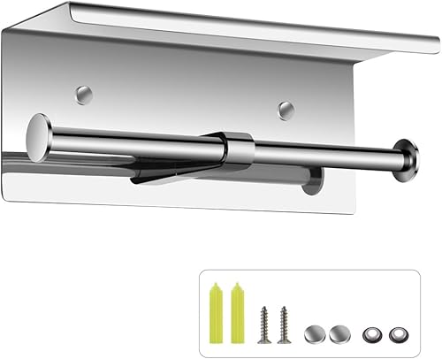 Miniatura 8 de Soporte doble de papel higiénico con estante - Dispensador de acero inoxidable TP montado en la pared - Almacenamiento multiusos para baño