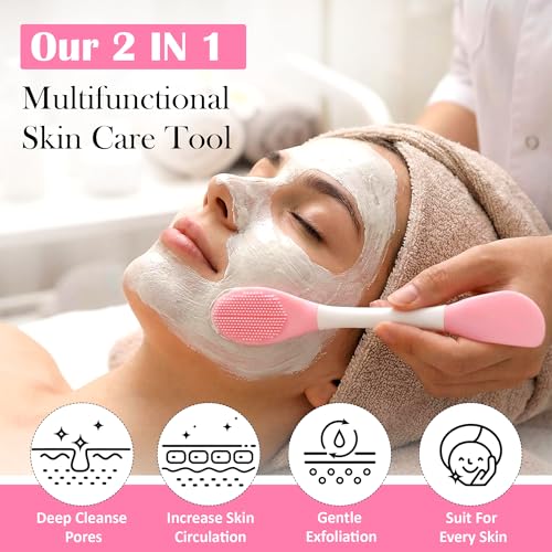 Image of GLUN 2 in 1 Face Mask Applicator Spetula & Lip Facial Cleansing Brush, Pack of 2 Made with Hygienic Soft Silicone Bristle For Gentle Exfoliation